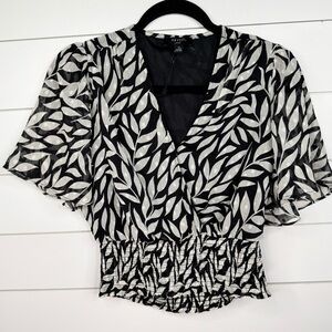 Haver London Blouse Womens S Black & Ivory Leaf Print V-Neck Smocked Waist Top
